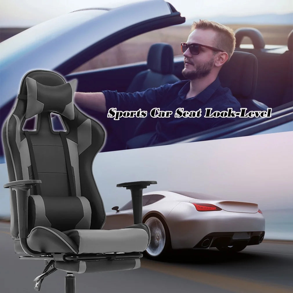 Racing Style Gaming Chair with Adjustable Pillows and Footrest for Adult Gamers(Grey)