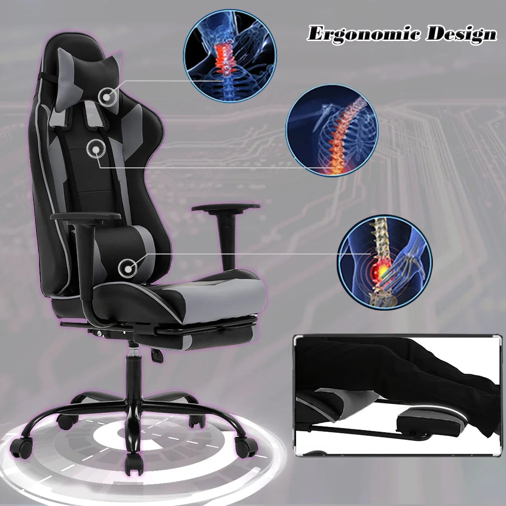 Racing Style Gaming Chair with Adjustable Pillows and Footrest for Adult Gamers(Grey)