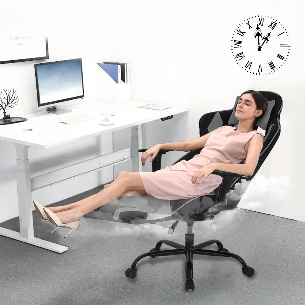 Racing Style Gaming Chair with Adjustable Pillows and Footrest for Adult Gamers(Grey)