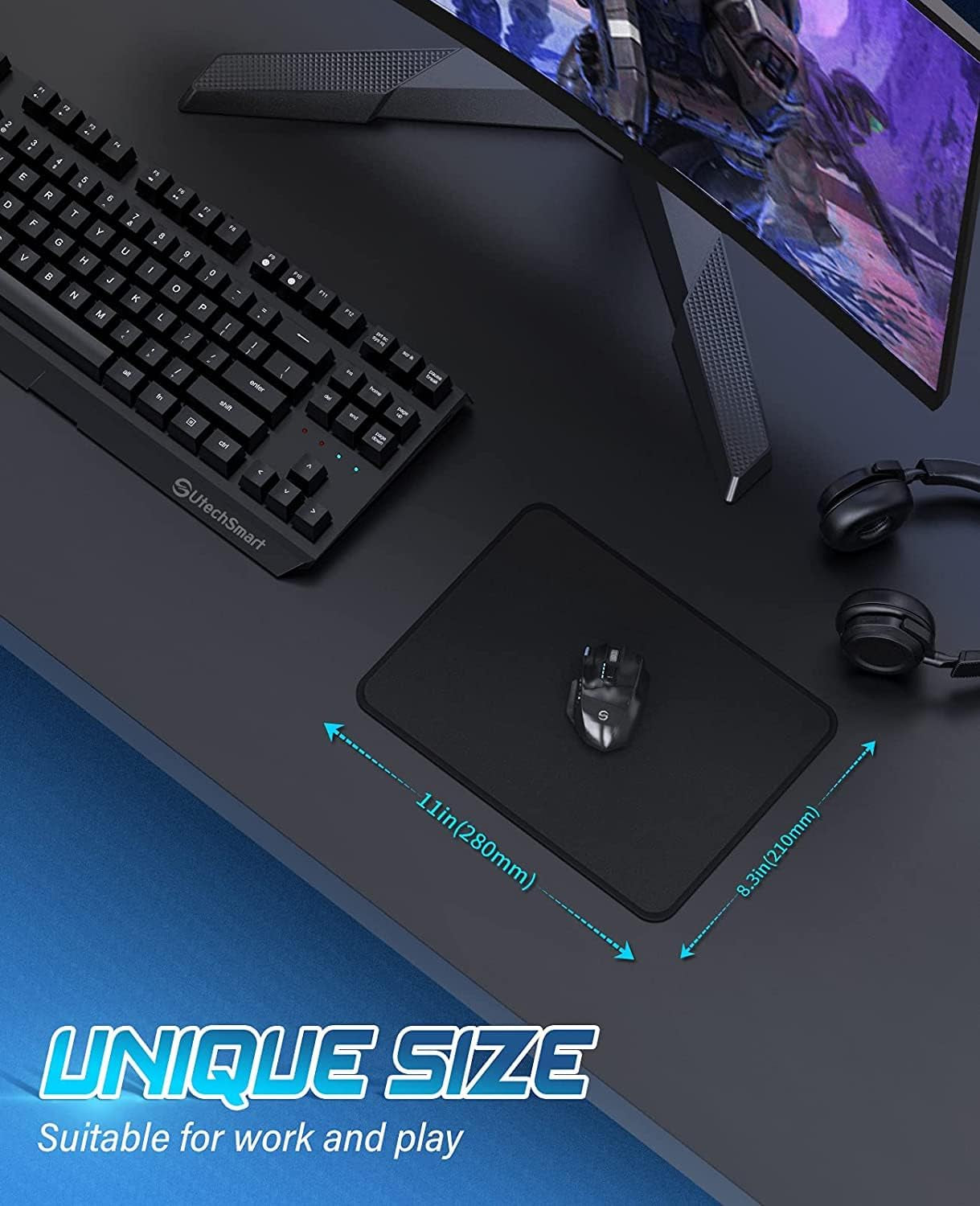 Premium Stitched Edge Mouse Pad, Washable Micro-Weave Cloth Gaming Mat for Office and Home, Non-Slip Rubber Base, Black