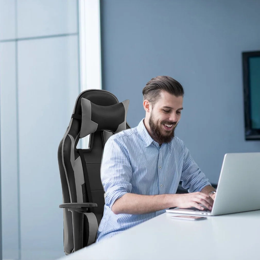 Racing Style Gaming Chair with Adjustable Pillows and Footrest for Adult Gamers(Grey)