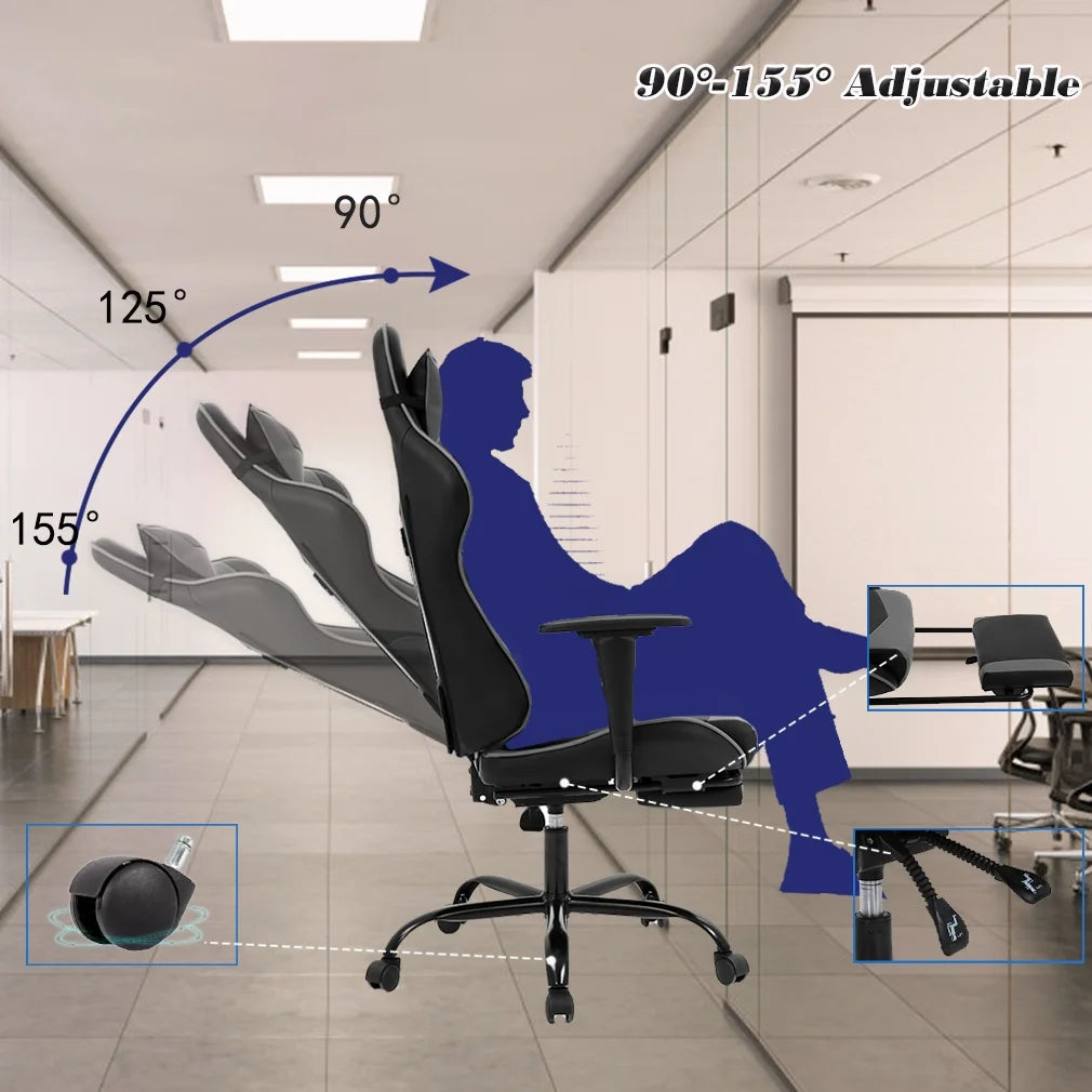 Racing Style Gaming Chair with Adjustable Pillows and Footrest for Adult Gamers(Grey)