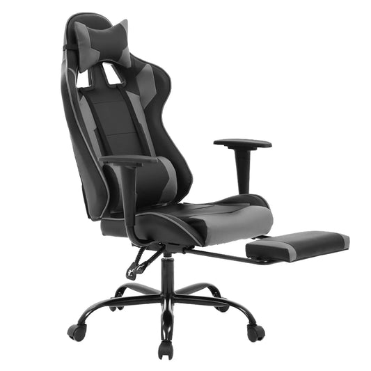 Racing Style Gaming Chair with Adjustable Pillows and Footrest for Adult Gamers(Grey)